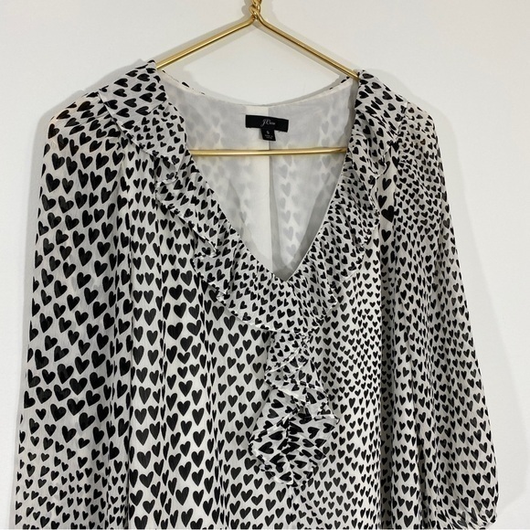 J. Crew Small Allover Heart Print Ruffle Front White Black‎ Blouse Top - Picture 3 of 10